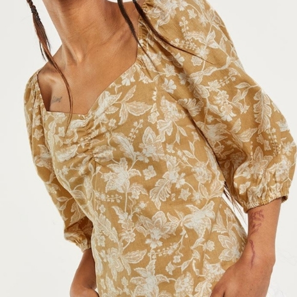 𝅺reitmans Printed Sweetheart Neck Linen Top Size XL Light Mustard - Picture 2 of 5